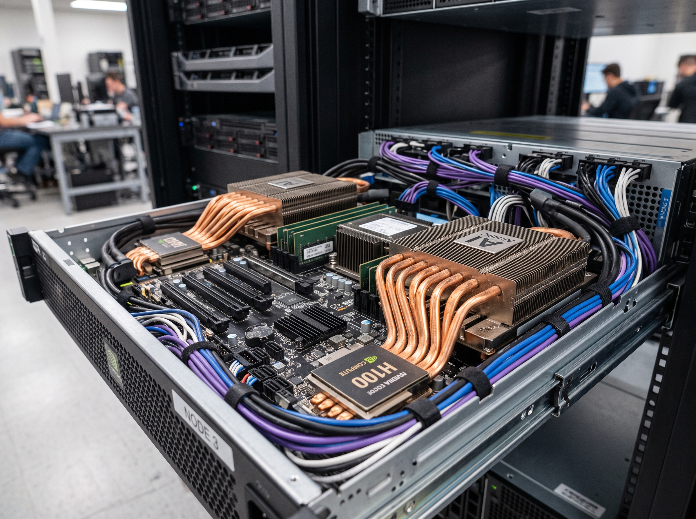 Close-up view of an enterprise GPU accelerator installed inside a bare-metal server rack node